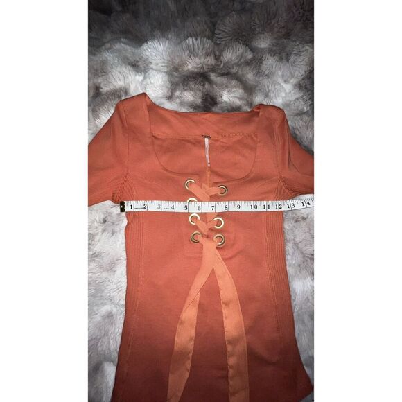 Free People Burnt Orange Lace Up Satin Ribbon Front Long Sleeve Top, Size Xsmall - Picture 11 of 13
